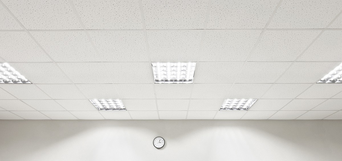 A suspended ceiling grid with recessed fluorescent light panels in a commercial office